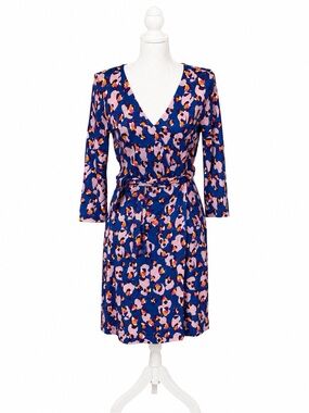Ann Taylor Petite Blue Print Wrap Dress, Long Sleeves, Knee Length, 6P